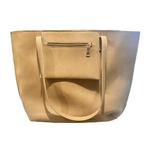 Elegant Tan Tote Bag Beige Tan Faux Leather Purse EUC